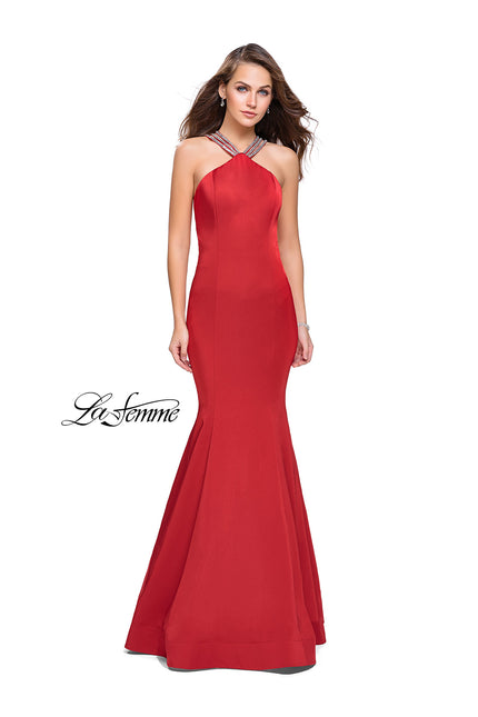 Picture of: Halter Mermaid Prom Dress with Metallic Beading in Red, Style: 25763, Detail Picture 1