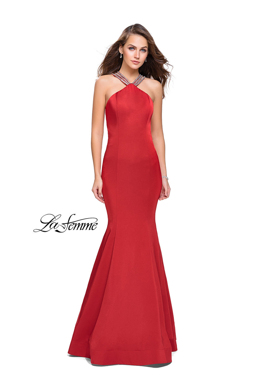 Picture of: Halter Mermaid Prom Dress with Metallic Beading in Red, Style: 25763, Detail Picture 1