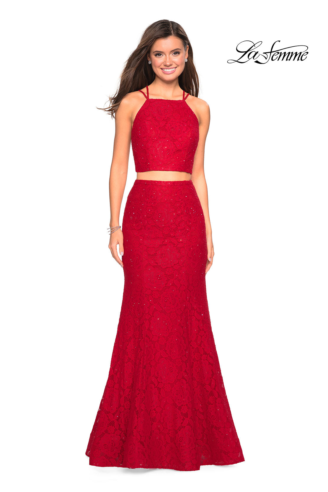 Picture of: Two Piece Stretch Lace Prom Dress with Strappy Back in Red, Style: 27452, Detail Picture 1