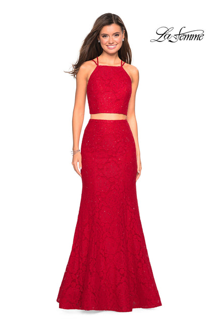 Picture of: Two Piece Stretch Lace Prom Dress with Strappy Back in Red, Style: 27452, Detail Picture 1