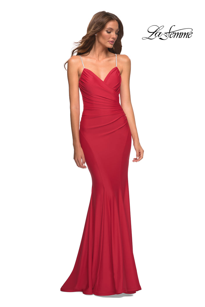 Picture of: Rhinestone Strap Elegant Ruched Jersey Dress in Red, Style: 30712, Detail Picture 1