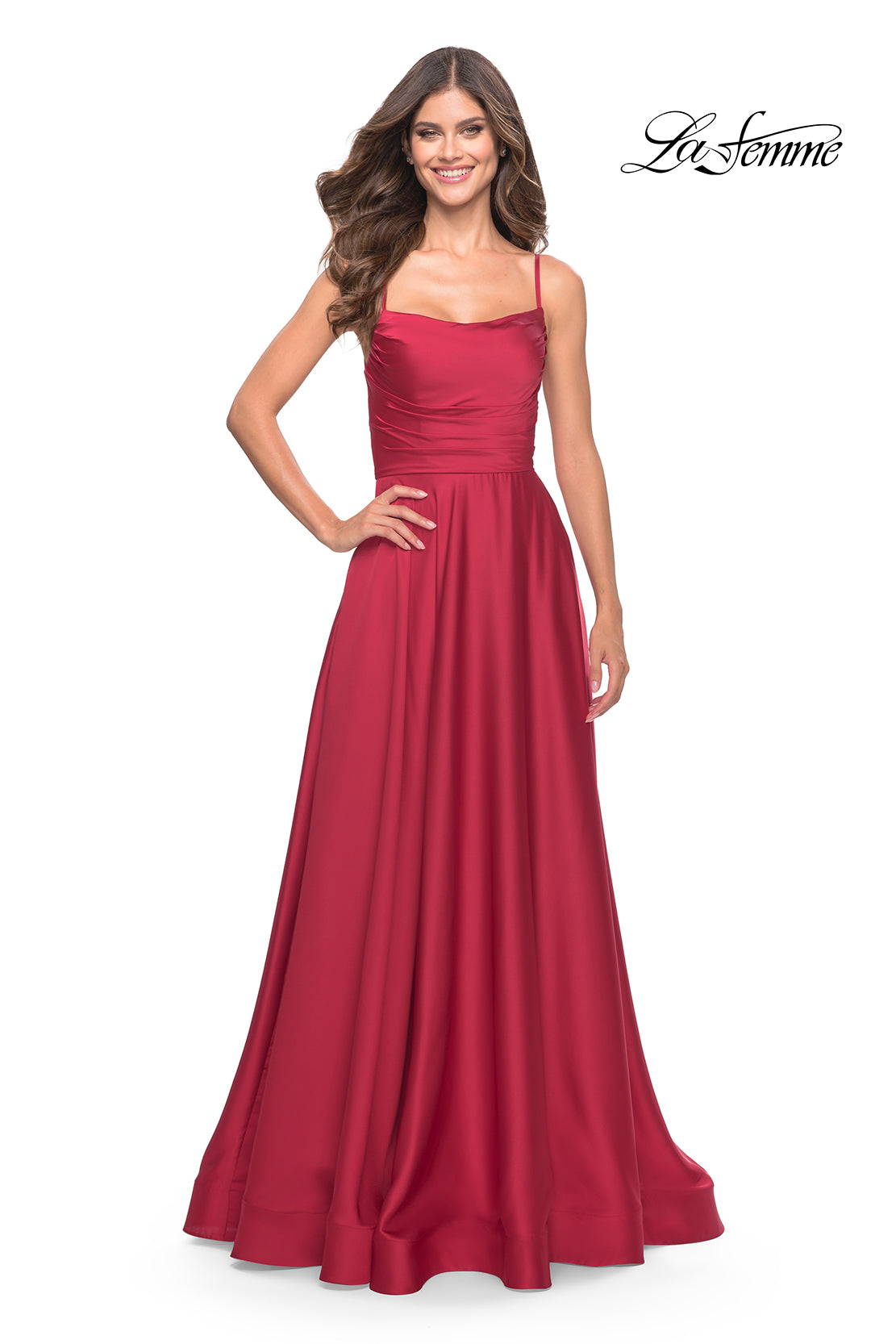Picture of: A Line Satin Gown with Ruching and Square Neckline in Red, Style: 31105, Detail Picture 1