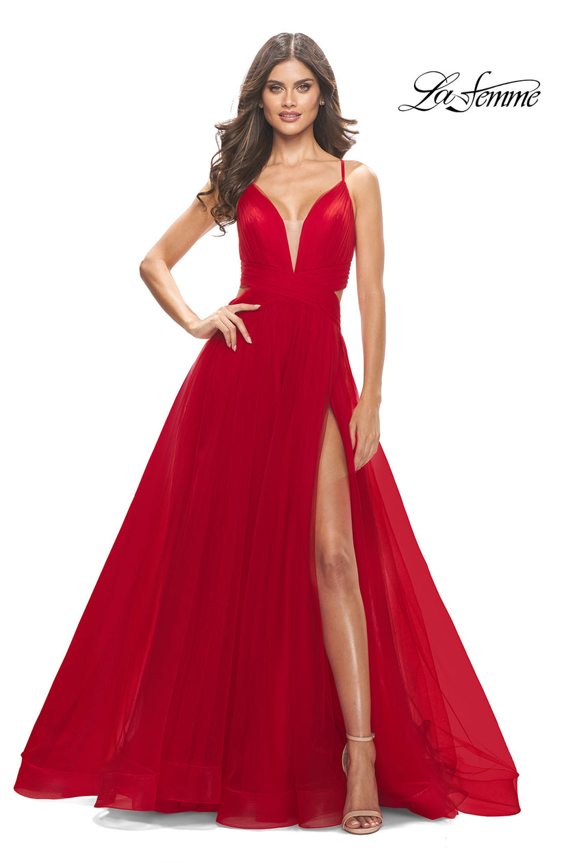 Picture of: Tulle Ball Gown with Side Cut Outs and High Slit in Red, Style: 31347, Detail Picture 1