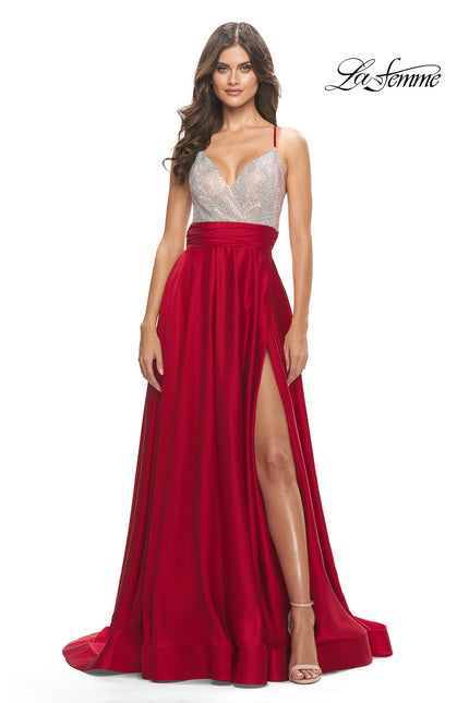 Picture of: Satin Gown with Sheer Rhinestone Bodice in Red, Style: 31592, Detail Picture 1