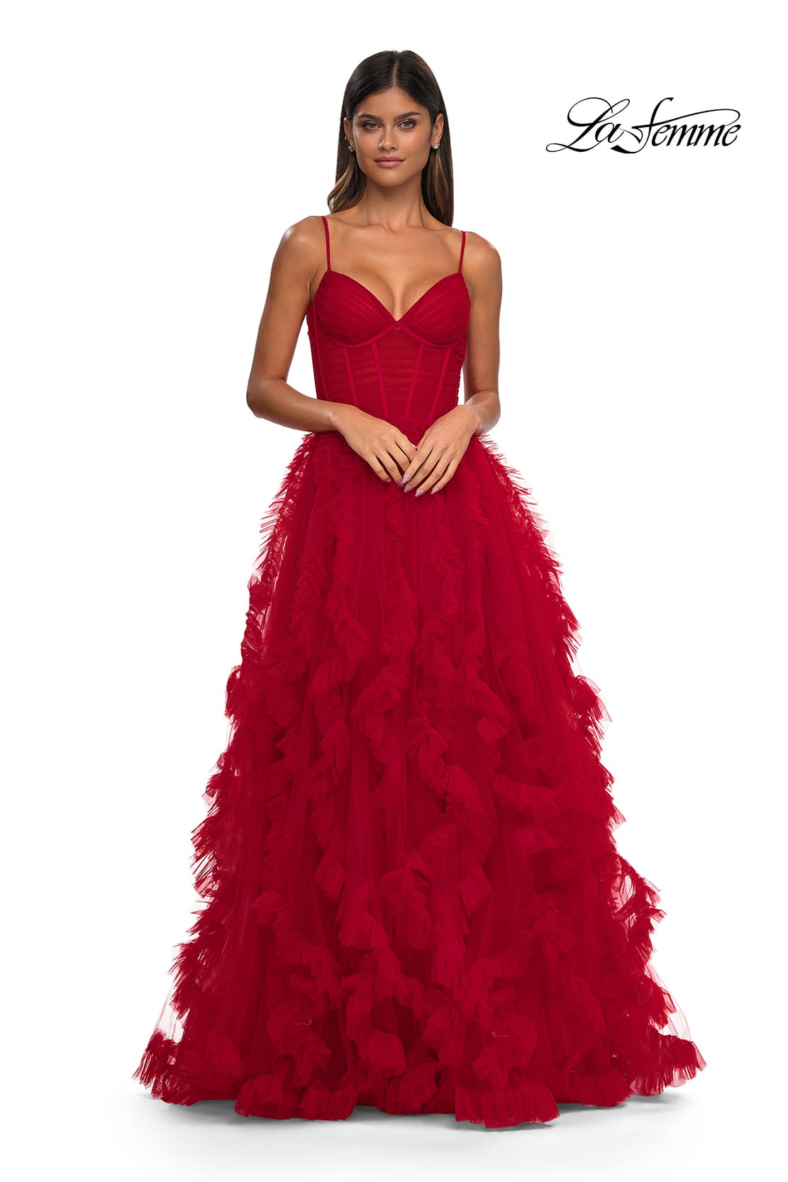 Picture of: Ruffle Tulle Dress with Unique Skirt and Illusion Corset Bodice in Red, Style: 32719, Detail Picture 1