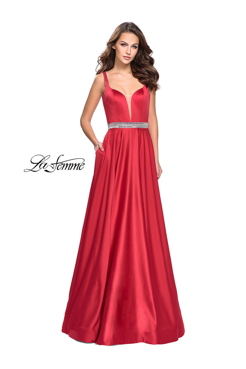 Picture of: Satin Prom Dress with A Line Skirt and Beaded Belt in Red, Style: 24821, Detail Picture 2