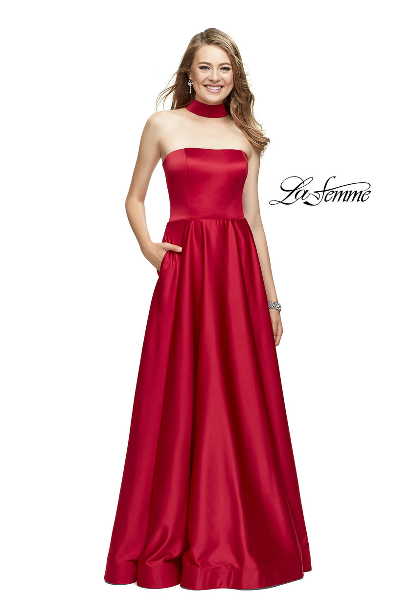 Picture of: Strapless Satin A-line Ball Gown with Attached Choker in Red, Style: 25680, Detail Picture 2