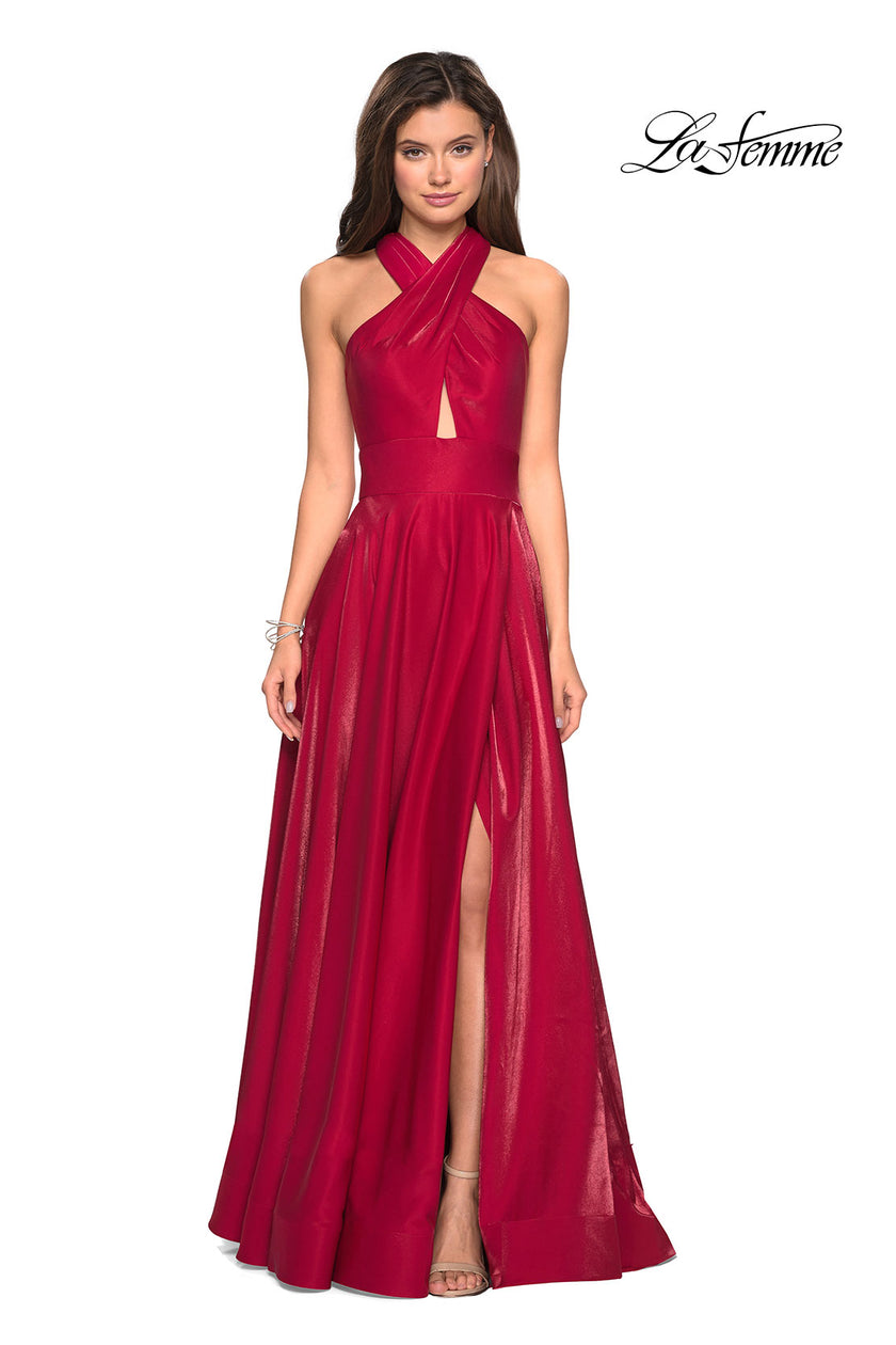 Picture of: Tone Tone Satin Dress with Wrap Around High Neckline in Red, Style: 27151, Detail Picture 2