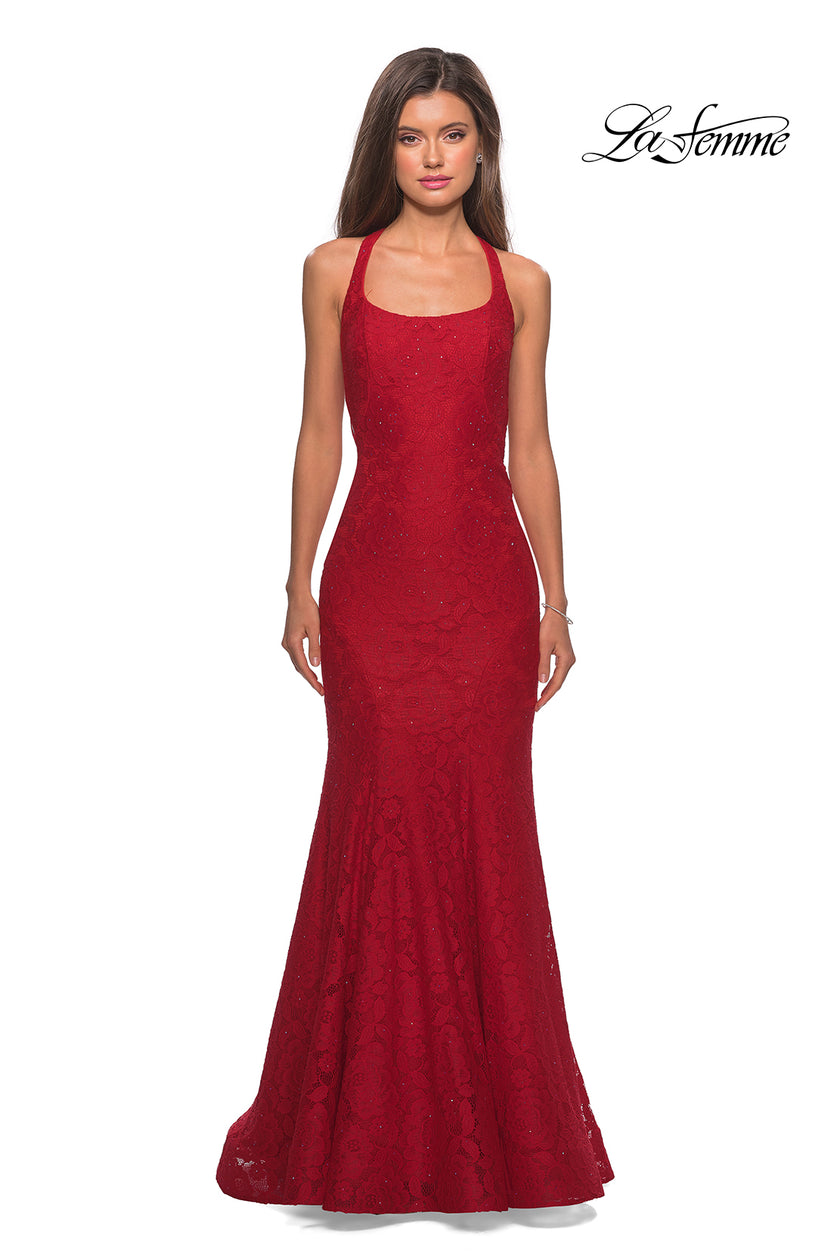 Picture of: Stretch Lace Mermaid Prom Dress with Cut Out Back in Red, Style: 27484, Detail Picture 2