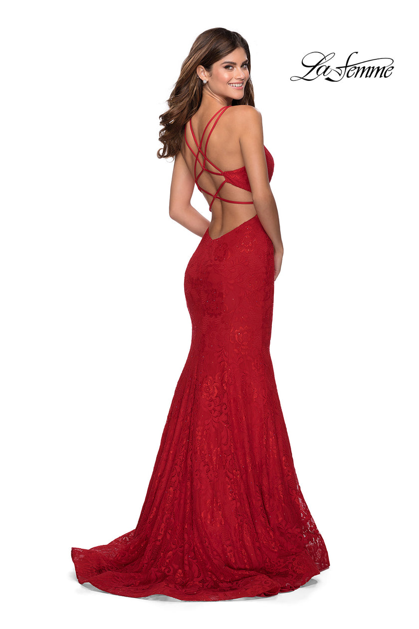 Picture of: Lace Prom Dress with Rhinestones and Strappy Back in Red, Style: 28140, Detail Picture 2