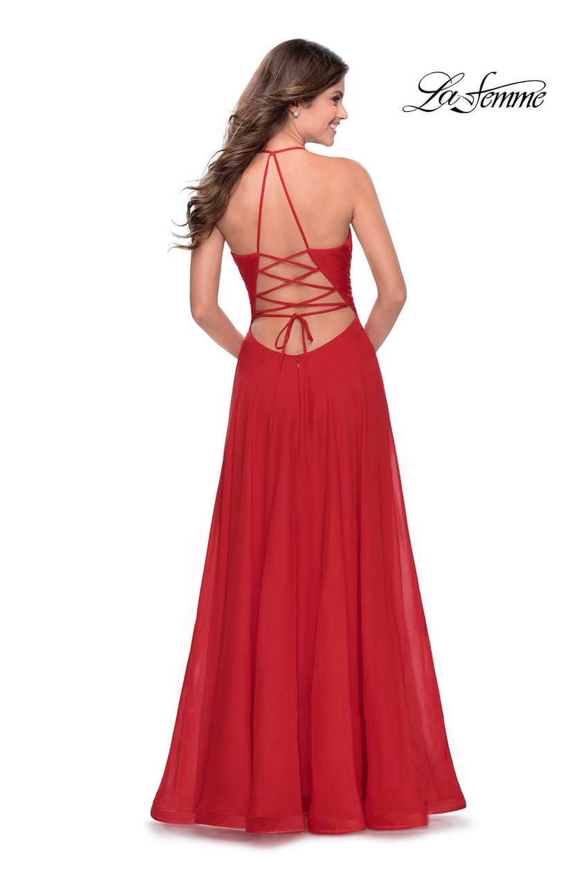 Picture of: Long Chiffon Prom Dress with Unique Lace Up Back in Red, Style: 28522, Detail Picture 2