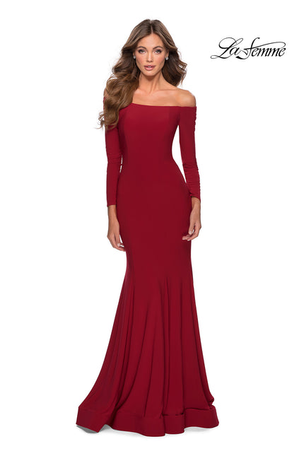 Picture of: Off the Shoulder Long Sleeve Jersey Prom Dress in Red, Style: 28754, Detail Picture 2