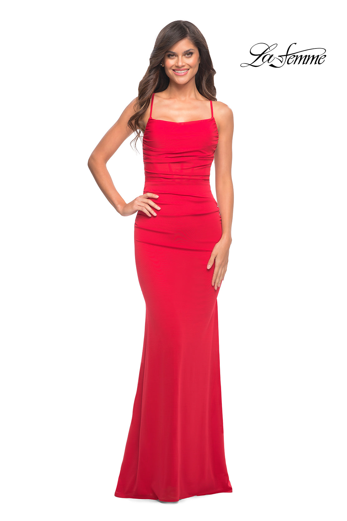 Picture of: Ruched Net Jersey Gown with Square Neckline in Red, Style: 30493, Detail Picture 2