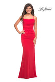 Picture of: Ruched Net Jersey Gown with Square Neckline in Red, Style: 30493, Detail Picture 2