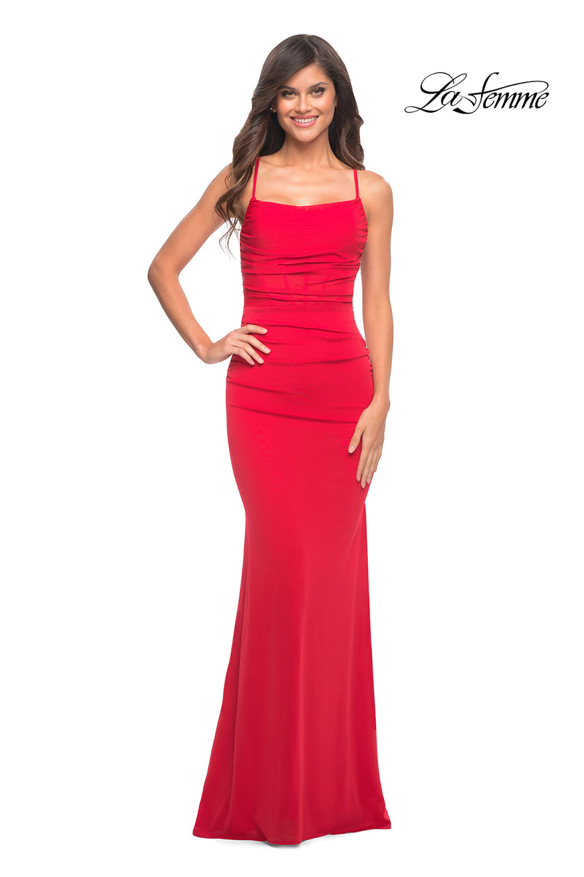 Picture of: Ruched Net Jersey Gown with Square Neckline in Red, Style: 30493, Detail Picture 2
