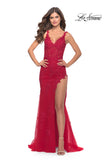 Picture of: Lace Dress with High Side Slit and V Neckline in Red, Style: 30767, Detail Picture 2