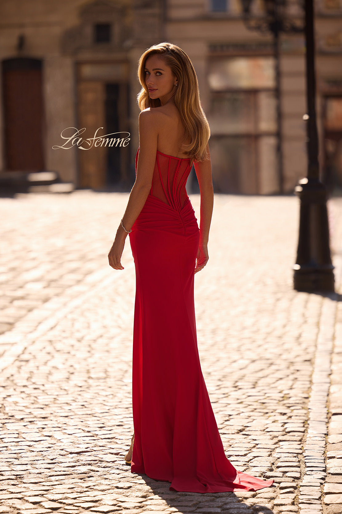Picture of: Strapless Corset Style Prom Dress with Illusion Back in Red , Style 32941, Detail Picture 2