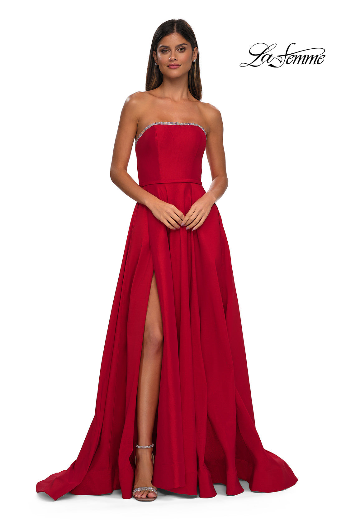 Picture of: A-line Mikado Prom Dress with Rhinestone Neckline in Red, Style: 33063, Detail Picture 2
