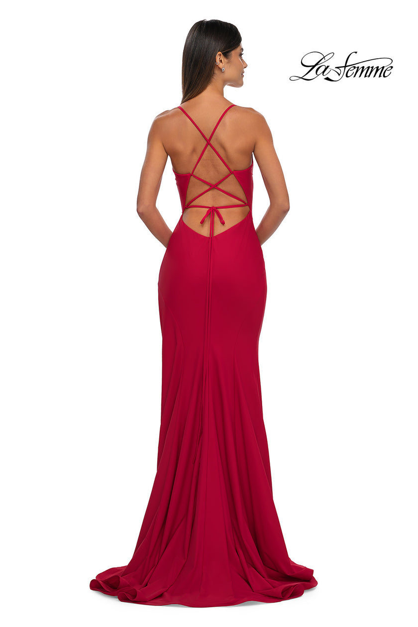Picture of: Fitted Jersey Prom Dress with High Side Slit in Red , Style: 33080, Detail Picture 2