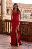 Picture of: Strapless Lace Applique Corset Gown with High Slit in Red, Style: 33399, Detail Picture 2