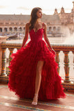 Picture of: Tiered Lace A-Line Gown with Corset Bodice and Slit in Red, Style: 33525, Detail Picture 2
