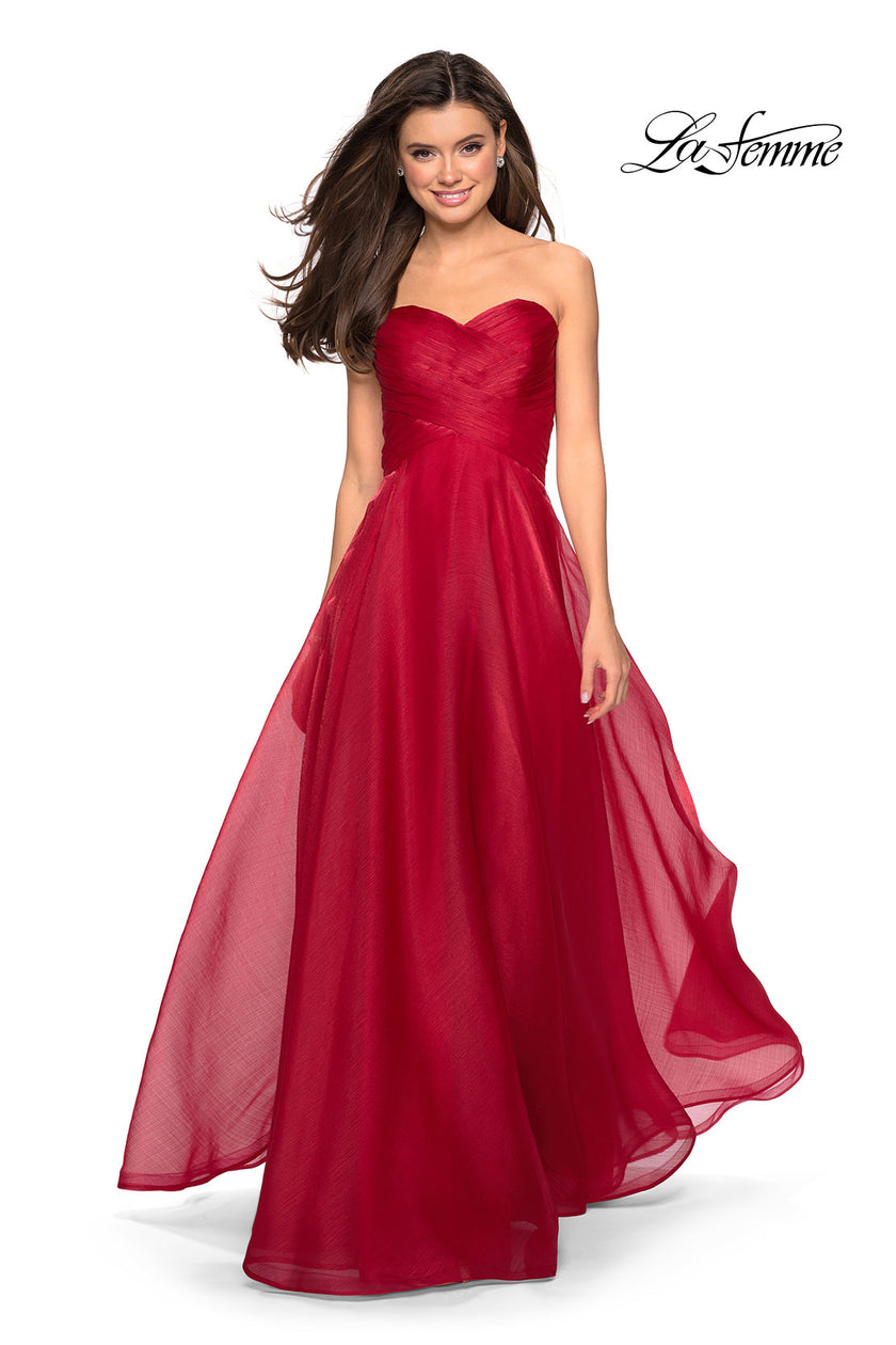 Picture of: Strapless Chiffon Dress with Criss Cross Bodice Detail in Red, Style: 27515, Detail Picture 3