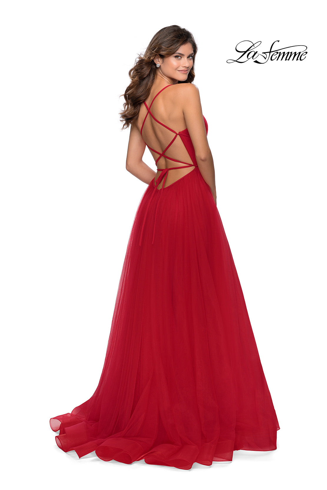 Picture of: Long Tulle Prom Dress with Criss Cross Bodice Detail in Red, Style: 28893, Detail Picture 3