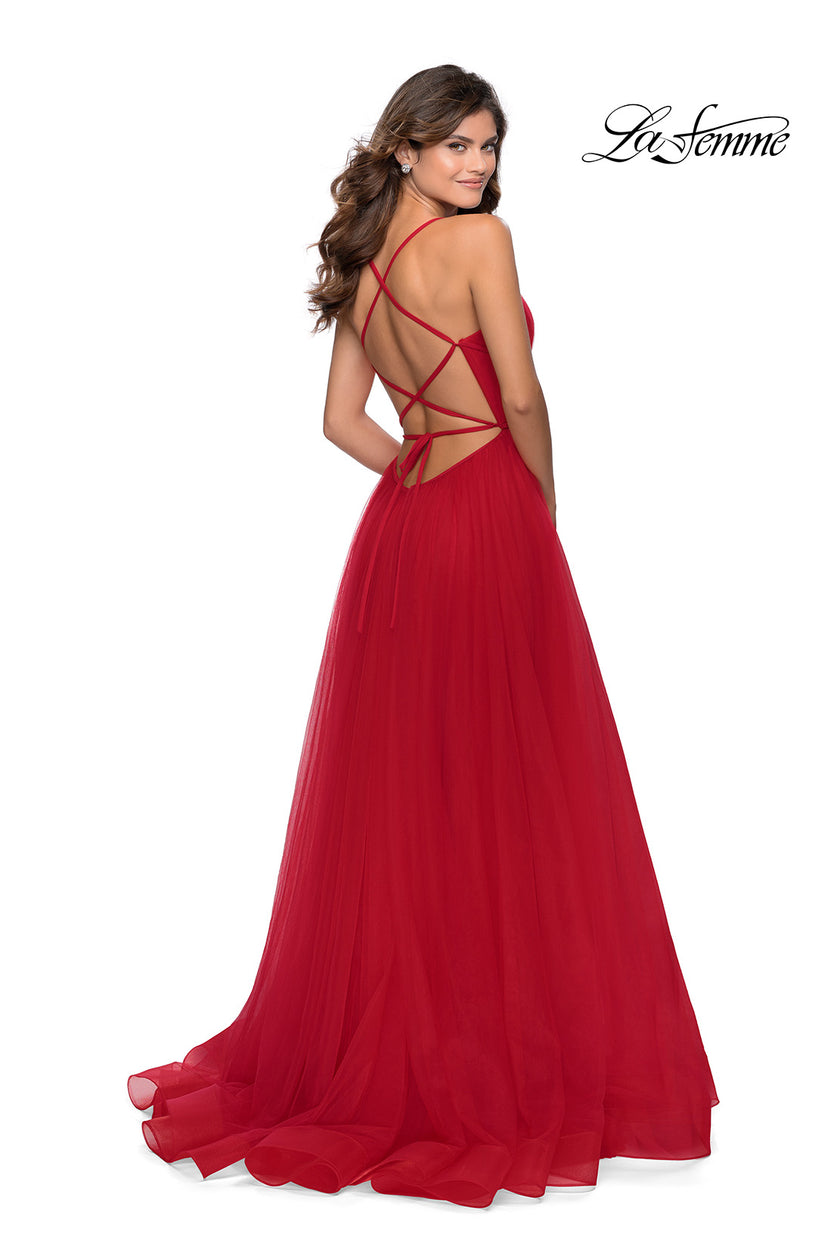 Picture of: Long Tulle Prom Dress with Criss Cross Bodice Detail in Red, Style: 28893, Detail Picture 3