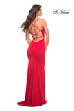 Picture of: Ruched Net Jersey Gown with Square Neckline in Red, Style: 30493, Detail Picture 3