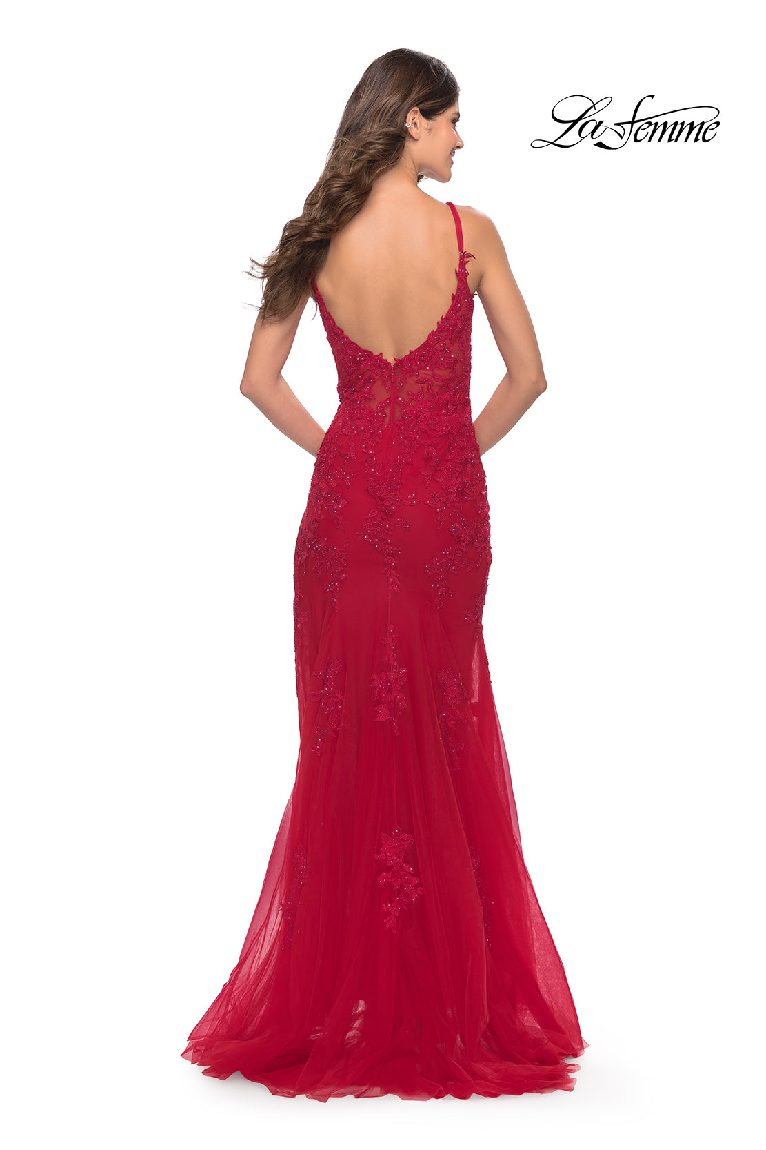 Picture of: Lace Dress with High Side Slit and V Neckline in Red, Style: 30767, Detail Picture 3