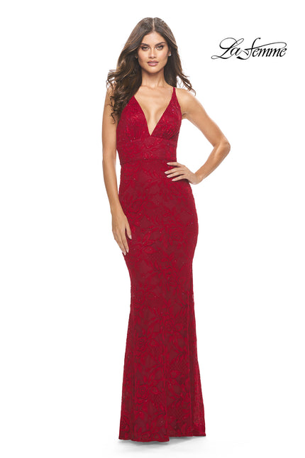 Picture of: Fitted Stretch Lace Prom Dress with Banded Waist in Red, Style: 31234, Detail Picture 3