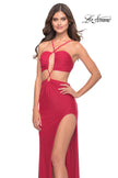 Picture of: Unique Jersey Gown with Front Cut Outs and Criss Cross Straps in Red, Style: 31293, Detail Picture 3
