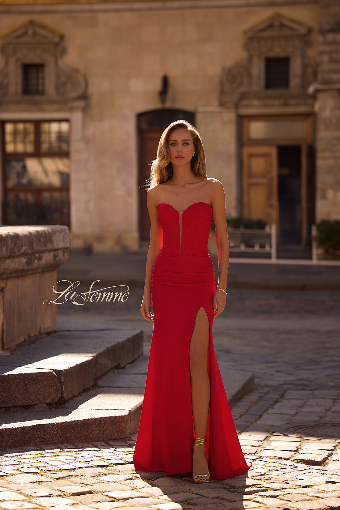 Picture of: Strapless Corset Style Prom Dress with Illusion Back in Red , Style 32941, Detail Picture 3