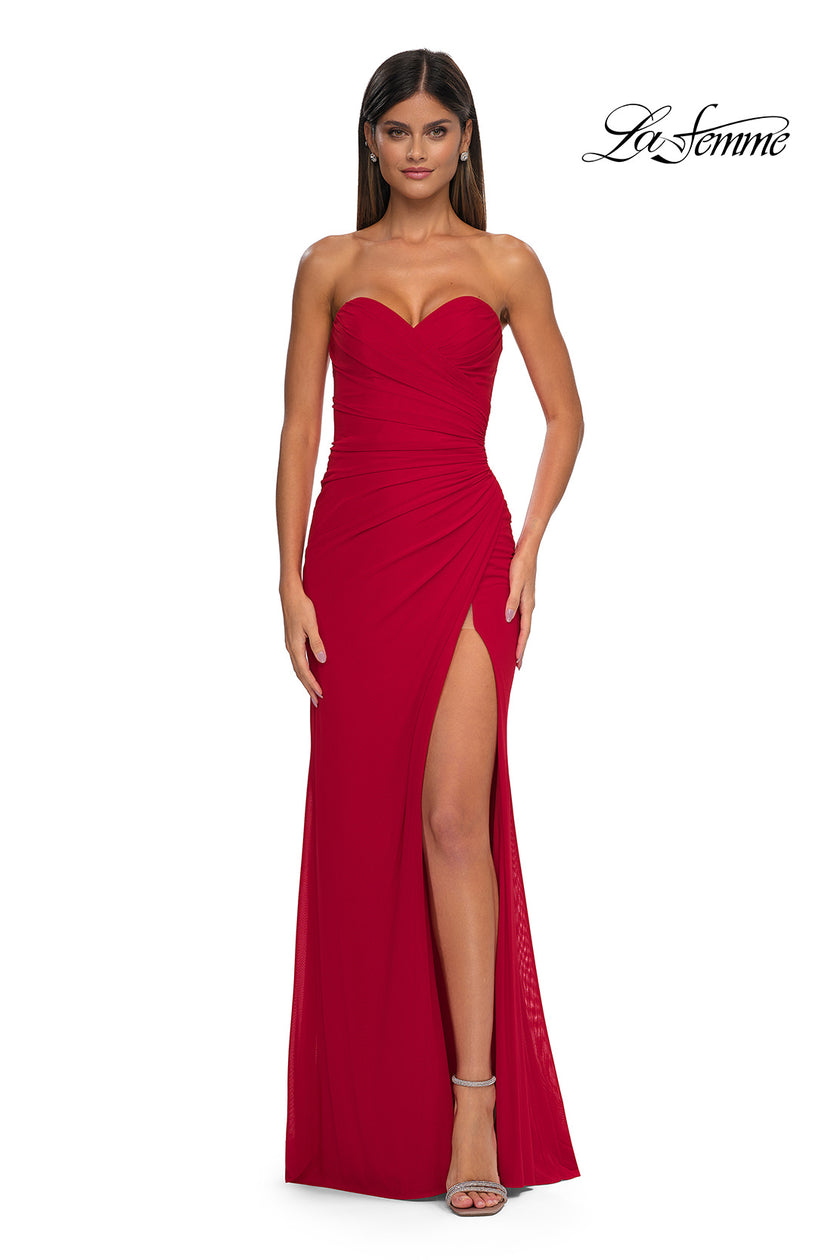Picture of: Simple Net Prom Dress with High Slit and Flattering Ruching in Red, Style: 33018, Detail Picture 3