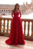 Picture of: Tiered Lace A-Line Gown with Corset Bodice and Slit in Red, Style: 33525, Detail Picture 3