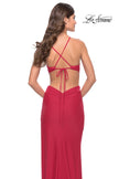 Picture of: Unique Jersey Gown with Front Cut Outs and Criss Cross Straps in Red, Style: 31293, Detail Picture 4
