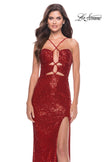 Picture of: Stretch Sequin Dress with Unique Front Cut Outs in Red, Style: 31549, Detail Picture 4
