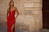 Picture of: Intricately Ruched Strapless Prom Dress with Unique Deep V in Red , Style 32923, Detail Picture 4, Landscape