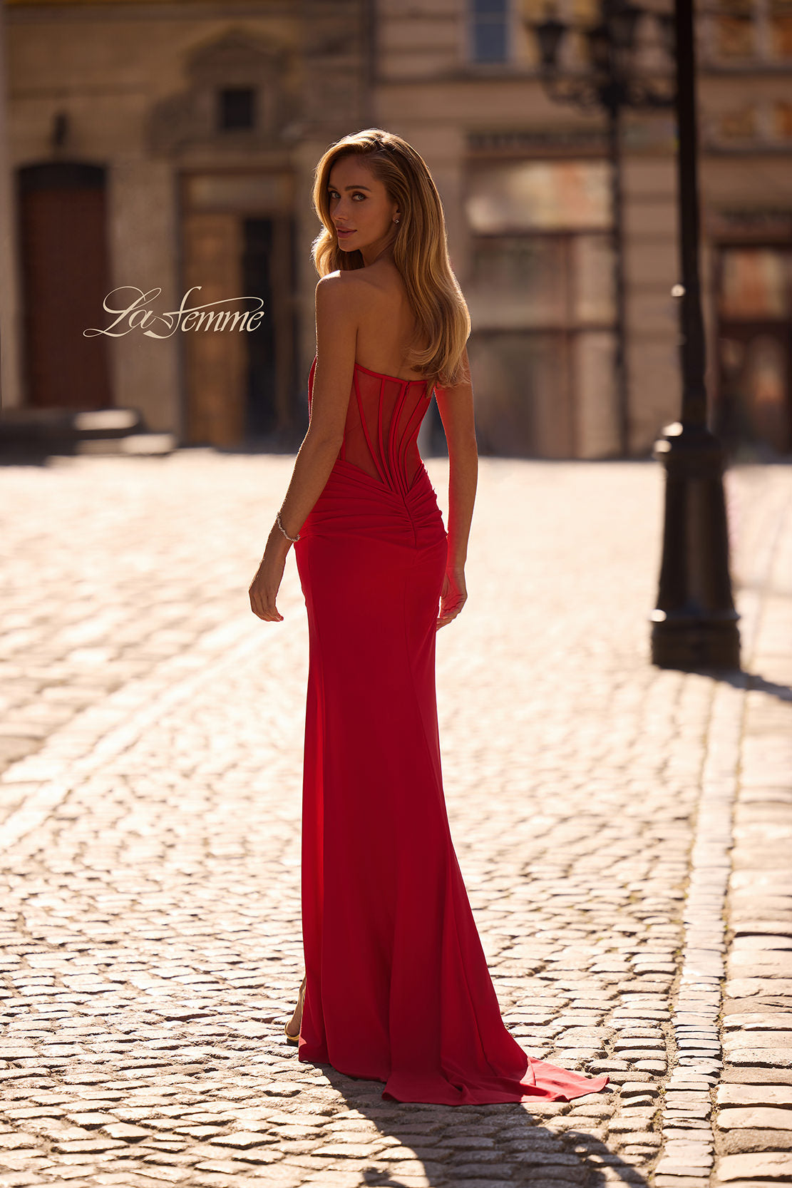 Picture of: Strapless Corset Style Prom Dress with Illusion Back in Red , Style 32941, Detail Picture 4
