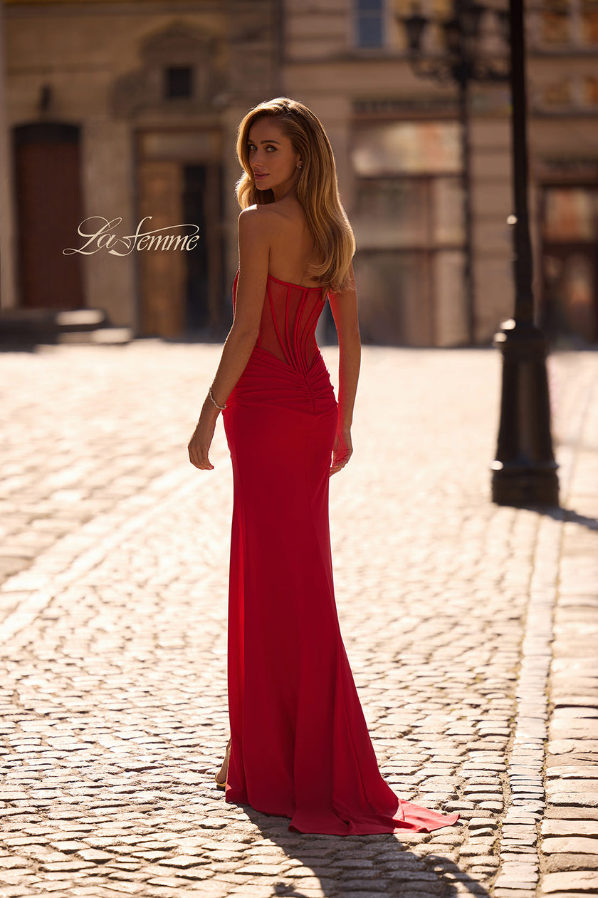 Picture of: Strapless Corset Style Prom Dress with Illusion Back in Red , Style 32941, Detail Picture 4