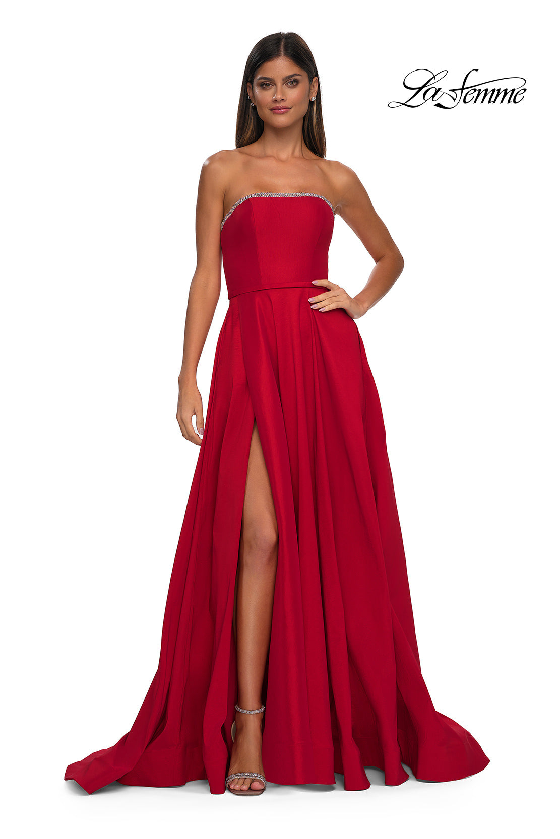 Picture of: A-line Mikado Prom Dress with Rhinestone Neckline in Red, Style: 33063, Detail Picture 4