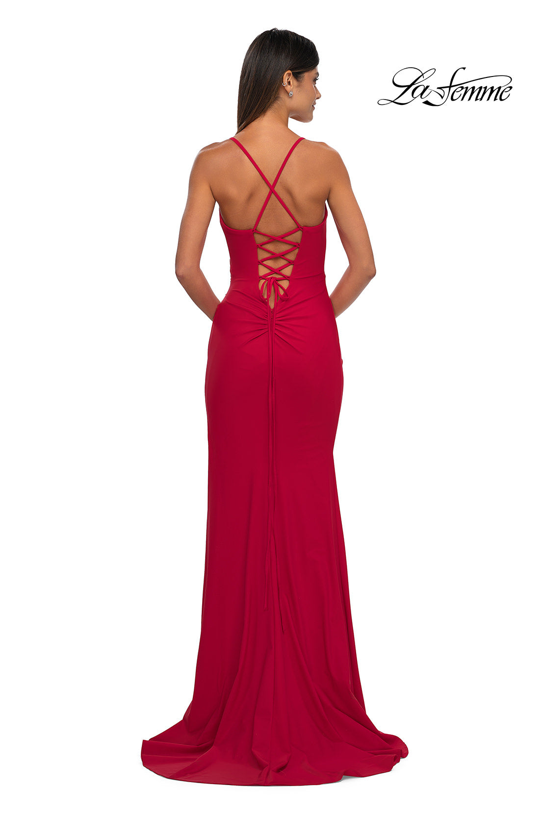 Picture of: Simple Prom Dress with Side Ruching and Lace Up Back in Red , Style: 33103, Detail Picture 4