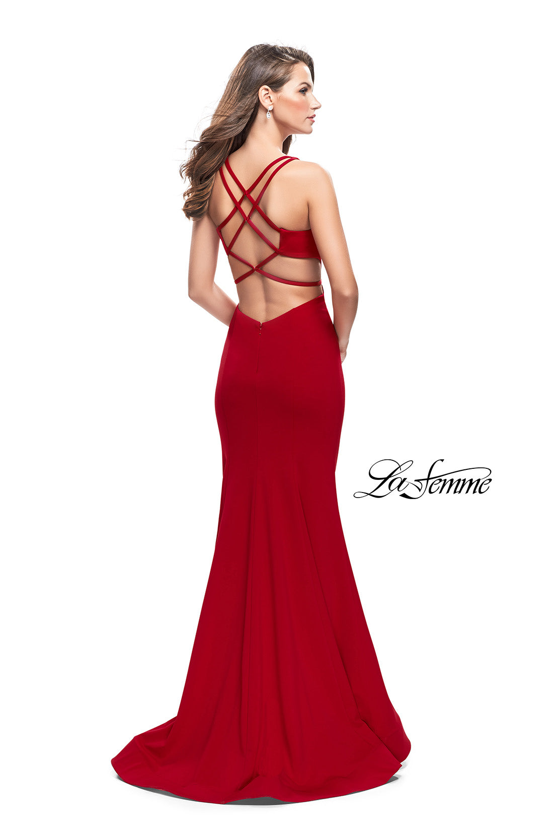 Picture of: Long Jersey Mermaid Dress with Deep V and Strappy Back in Red, Style: 25594, Detail Picture 5