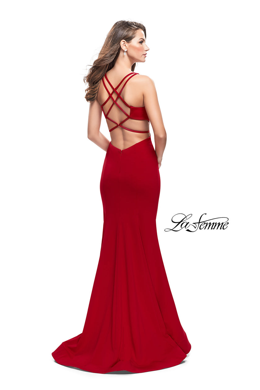 Picture of: Long Jersey Mermaid Dress with Deep V and Strappy Back in Red, Style: 25594, Detail Picture 5
