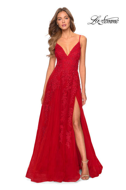 Picture of: Tulle Prom Dress with Floral Detail and Side Slit in Red, Style: 28985, Detail Picture 5