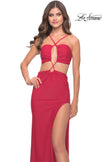 Picture of: Unique Jersey Gown with Front Cut Outs and Criss Cross Straps in Red, Style: 31293, Detail Picture 5