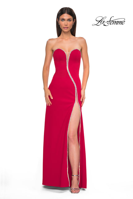 Picture of: Fabulous Jersey Dress with Rhinestones Lining the Top and HIgh Slit in Red , Style 32854, Detail Picture 5