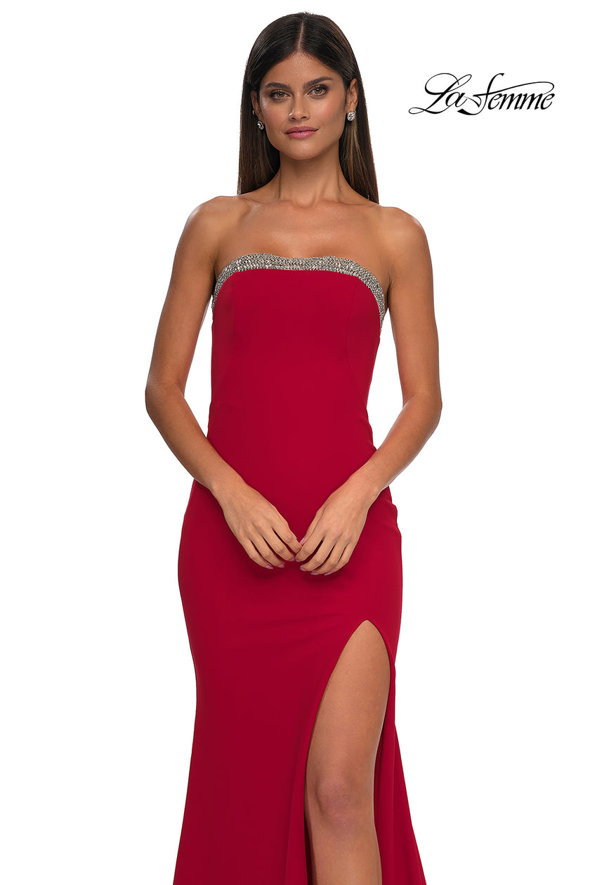 Picture of: Strapless Jersey Gown with Stunning Rhinestone Neckline in Red, Style: 32891, Detail Picture 5