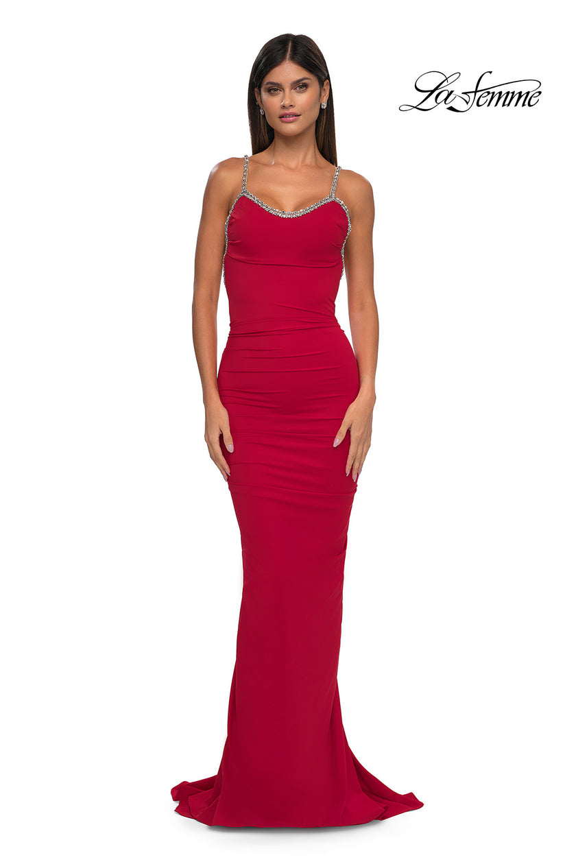 Picture of: Ruched Long Prom Dress with Low Back and Rhinestone Details in Red , Style: 32970, Detail Picture 5