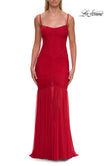 Picture of: Ruched Mesh Fitted Gown with Sheer Flared Hem in Red, Style: 33437, Detail Picture 5
